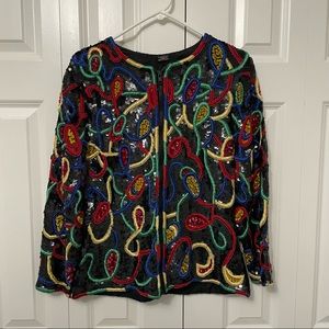 Silk Vintage Sequined Appliqué Zippered Jacket